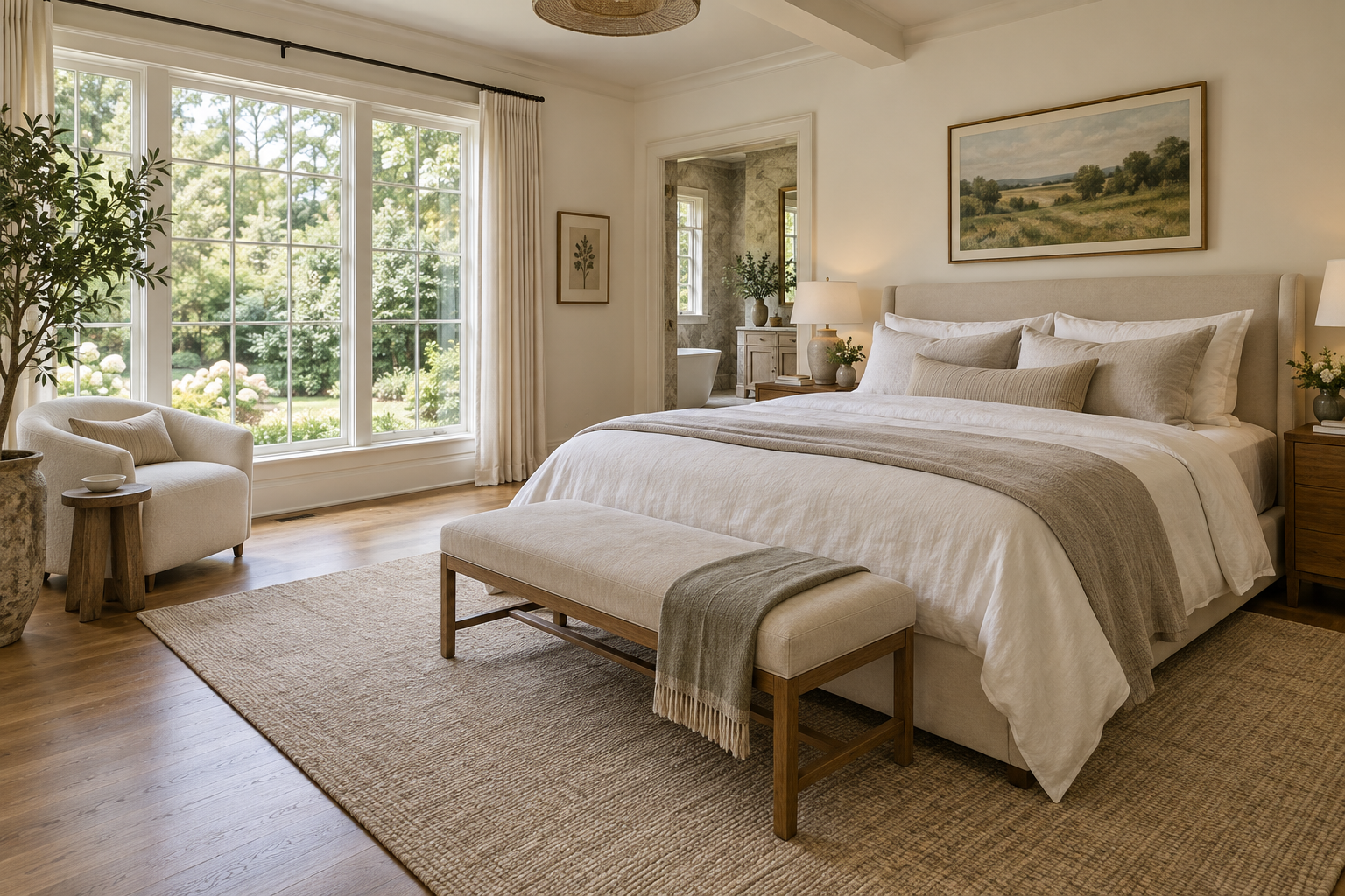 Design inspiration: peaceful primary bedroom with natural wood and soft linen